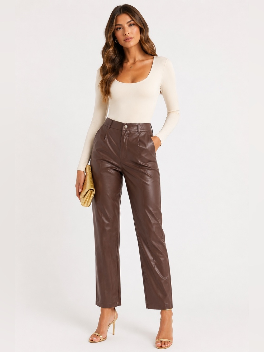 Princess Polly Brown Faux Leather Straight Leg Pants Women’s Size 6 High Rise